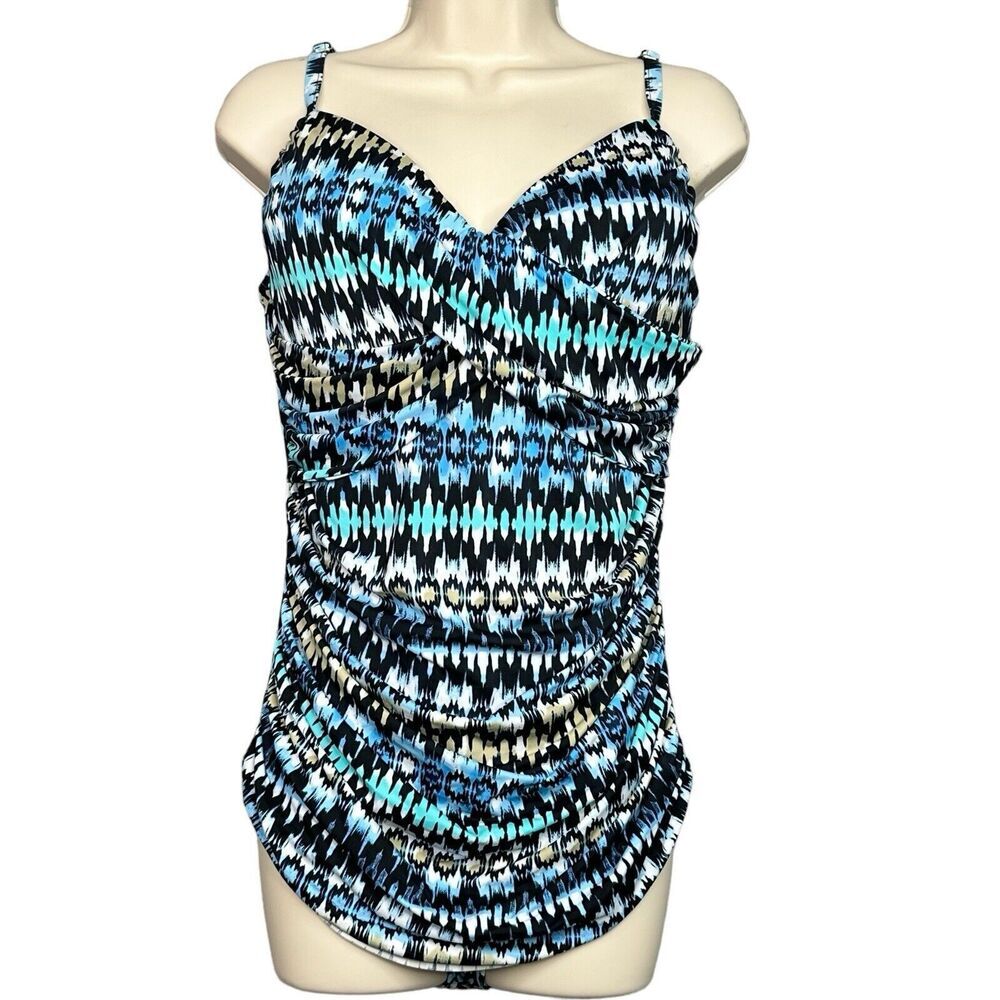 Fit 4U Swimsuit One Piece Sz‎ 16 Blue Abstract Print Ruching Sweetheart Neckline